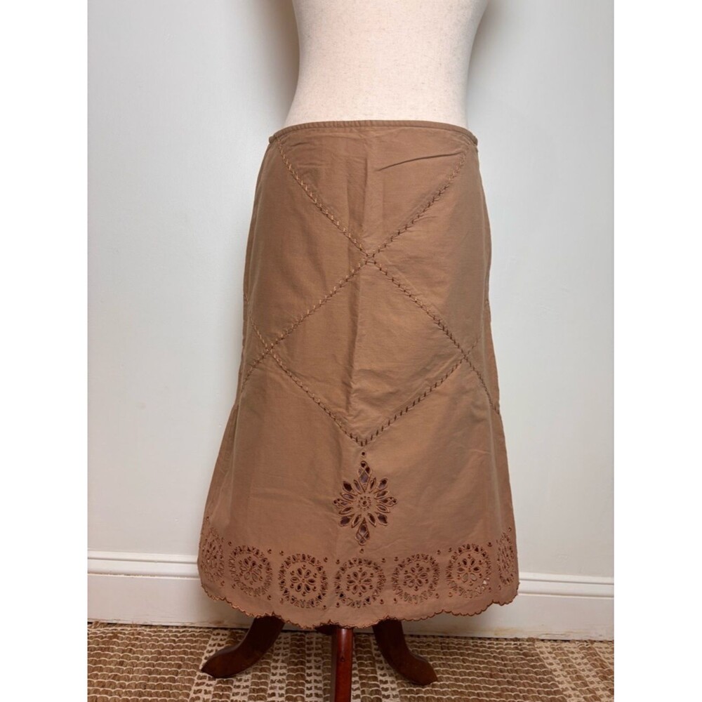 Anthropologie Odille Brown and Pink Skirt Embroidered Cutouts Boho Skirt